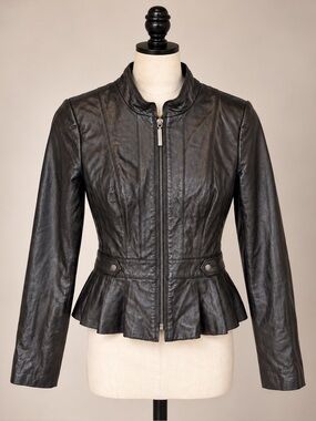 WHITE/BLACK Black Peplum Jacket Pleated Fitted Zip Front